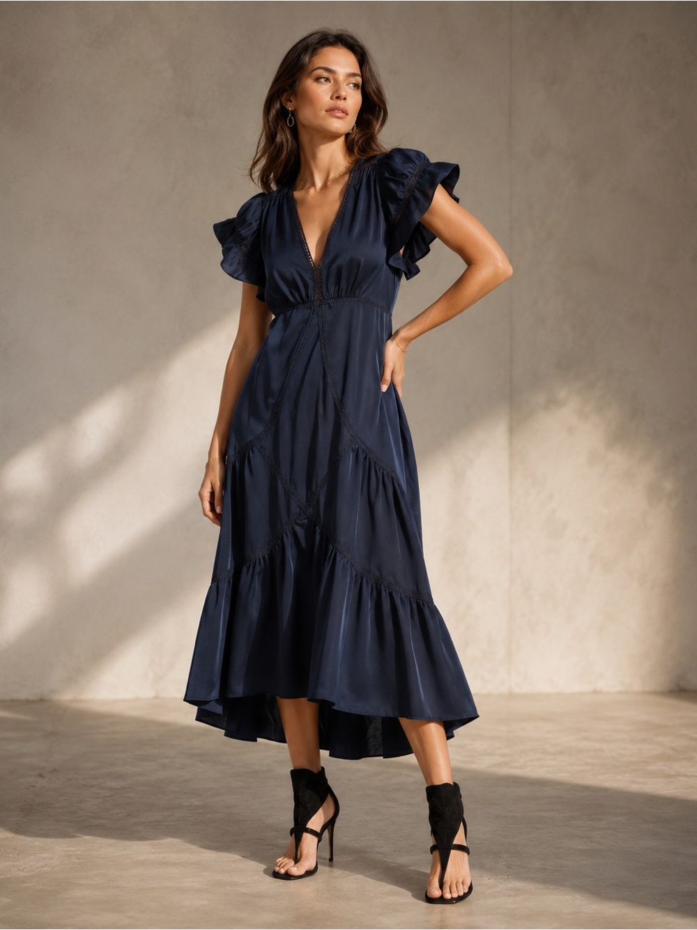 MAX STUDIO SAPPHIRE BLUE FLUTTER SLEEVE SATIN DRESS Size S New with tags